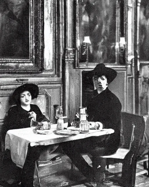 Image similar to a man and a woman sitting at a table, a screenshot by jean fautrier and by leila faithfull and by pierre roy, trending on pinterest, barbizon school, movie still, hall of mirrors, filmic