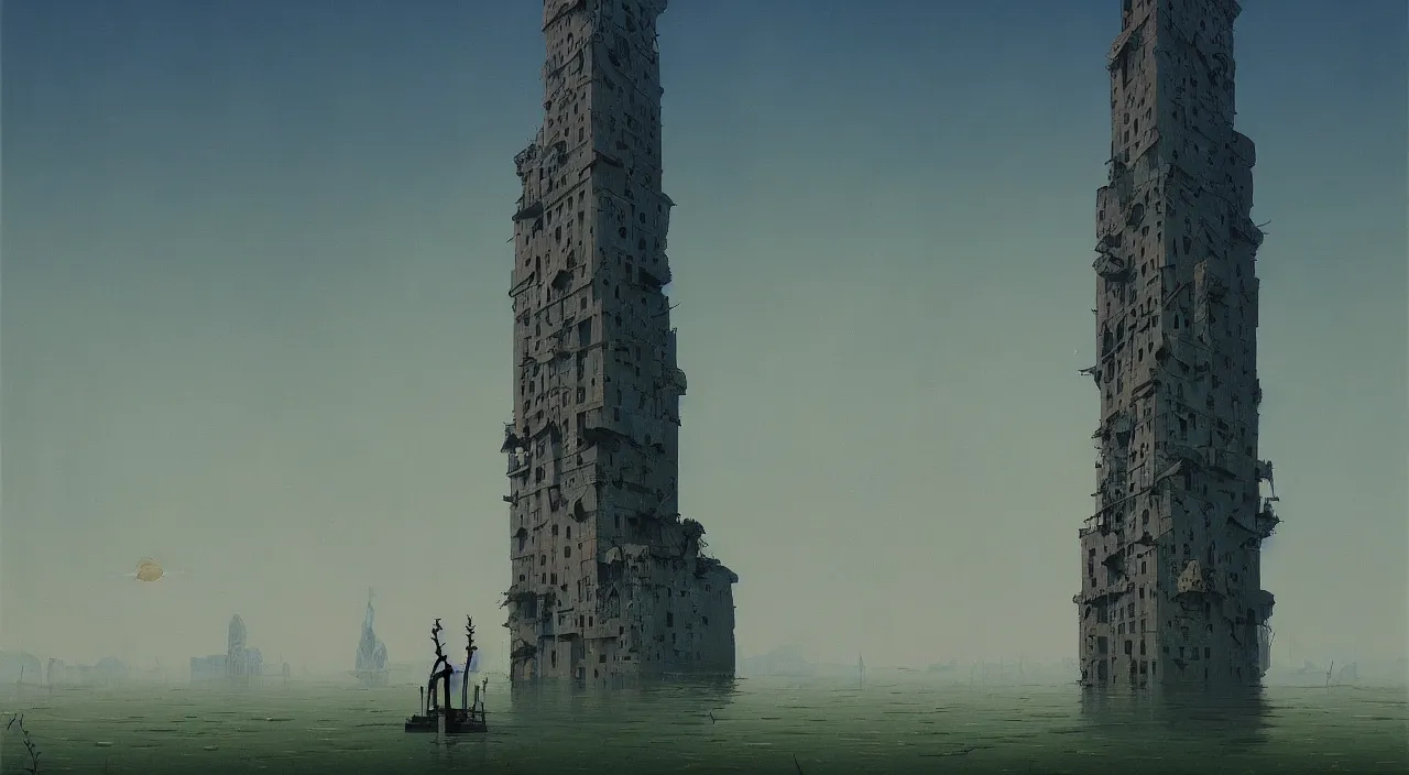 Prompt: a high contrast! painting of a minimalist flooded cursed tower by rene magritte simon stalenhag carl spitzweg jim burns, full-length view, vibrant colors, extremely high contrast!, symmetry, great composition, high detail, cinematic lighting, award winning masterpiece, trending on artstation