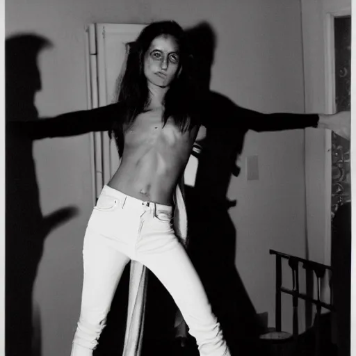 Image similar to gigachad at a house party posing, ernest khalimov, flash photography, black and white, larry clark, award winning