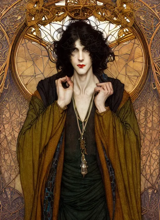 Prompt: edmund dulac, leyendecker, highly detailed portrait, a beautiful androgynous eric nally, long hair, tall and thin, wearing several pendants, art nouveau, stephen bliss, unreal engine, by greg rutkowski, loish, ferdinand knab, ilya kuvshinov, rossdraws, tom bagshaw, alphonse mucha, global illumination, radiant light