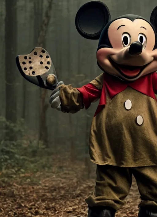 Prompt: Mickey Mouse cast as Jason Voorhees, still from Friday the 13th movie, hyperrealistic, 8k, Octane Render,