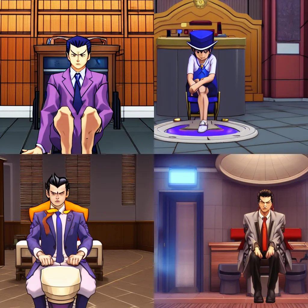 Prompt: Phoenix Wright on a toilet in the center of hell, game screenshot, rendered, 4k