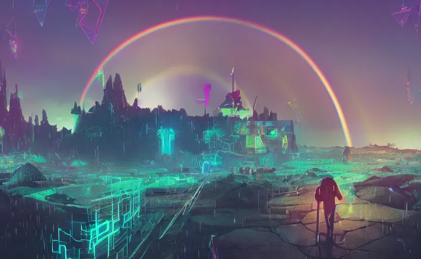 Image similar to A landscape with a giant rainbow bridge leading to a castle, magical portal, cyberpunk, glowing runes, technology, Low level, rendered by Beeple, Makoto Shinkai, syd meade, simon stålenhag, environment concept, synthwave style, digital art, unreal engine, WLOP, trending on artstation, 4K UHD image, octane render,