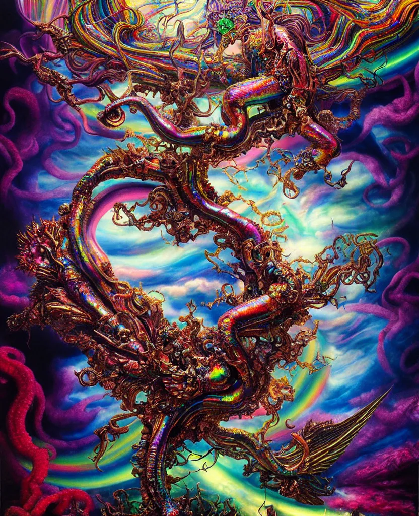 Prompt: realistic detailed image of rainbow iridescent mega god of chaos, depth perception, depth of field, action horror by lisa frank, ayami, karol bak, neo - gothic, gothic, rich deep colors, part by adrian ghenie and gerhard richter. art by yoshitaka amano. masterpiece