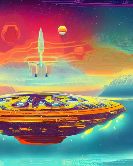 Prompt: a beautiful vibrant digital illustration of a majestic spaceship landing on an expansive and vast alien planet