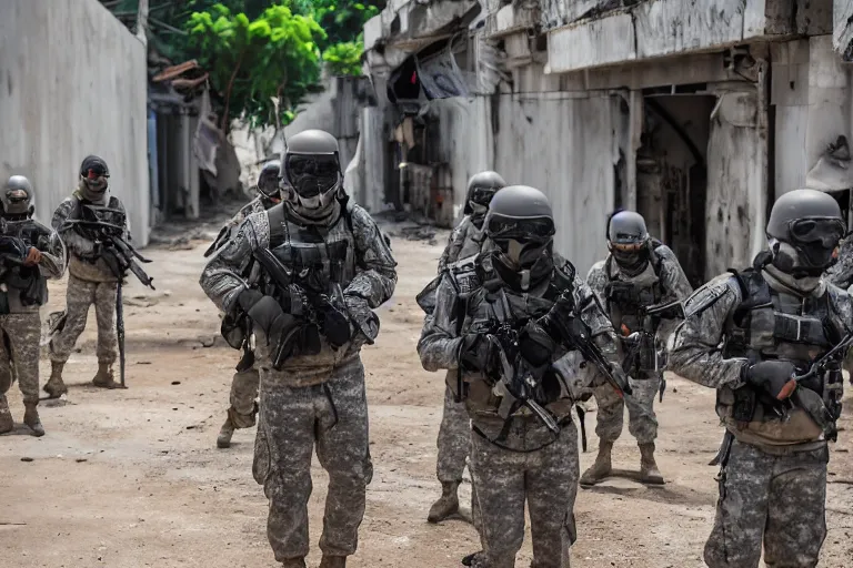 Image similar to Mercenary Special Forces soldiers in grey uniforms with black armored vest and black helmets in urban warfare in Cambodia 2022, Canon EOS R3, f/1.4, ISO 200, 1/160s, 8K, RAW, unedited, symmetrical balance, in-frame, combat photography