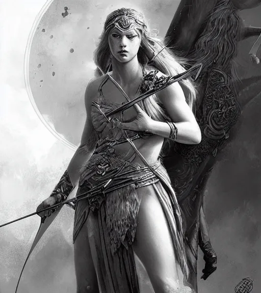 Image similar to beautiful young aphrodite goddess as an archer warrior, realistic face, beautiful eyes, black and white drawing, in the style of greg rutkowski, fantasy, amazing detail, epic, intricate, elegant, smooth, sharp focus