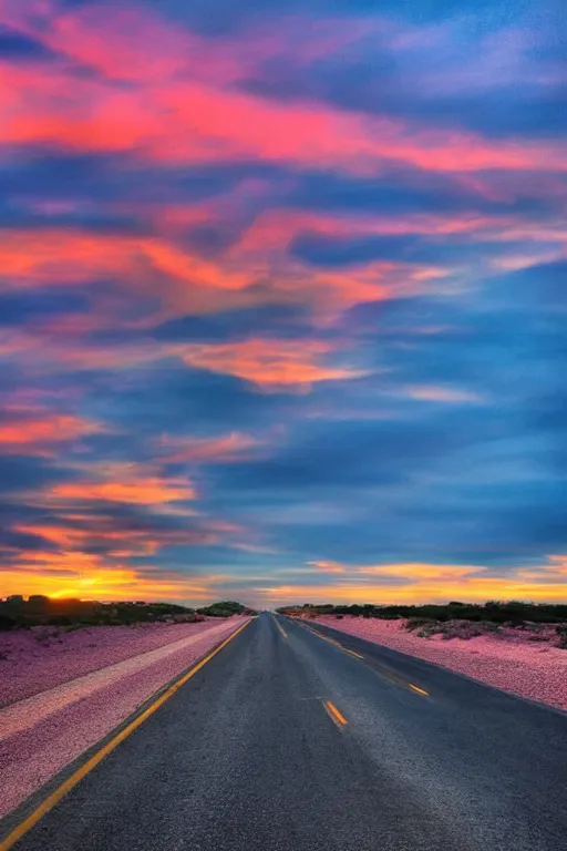 Image similar to colourful sunset at the end of a long highway by zack doehler