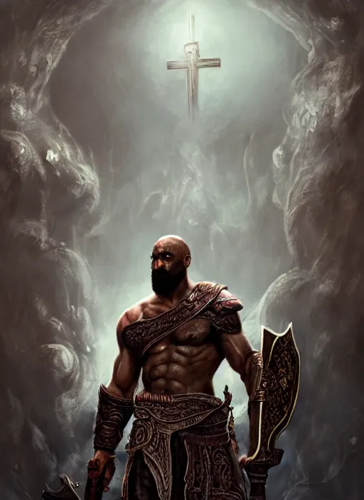 Image similar to a highly detailed illustration of idris elba as god of war kratos, dramatic smiling wielding bloody cross pose, gothic church background, intricate, elegant, highly detailed, centered, digital painting, artstation, concept art, smooth, sharp focus, league of legends concept art, wlop