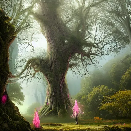 Prompt: a monolithic neoclassical ruined tower and a veiled witch of old walking through an open field with her staff in a beautiful forest of ancient neurons and pink and yellow glowing synapses runnig through the forest, huge incredibly immense trees, highly detailed, hyperrealism, cgsociety, 8k, ancient forest, misty forest, realistic painting, sharp image, hyper realistic art, cinematic, art by konstantin razumov, chiaroscuro