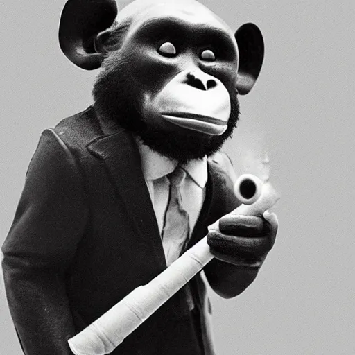 Image similar to a high detail photo of an antropomorphic chimp wearing a suit smoking a cigarrette, subject= chimp, subject detail: wearing a suit, subject action: smoking a cigarrette photorealism