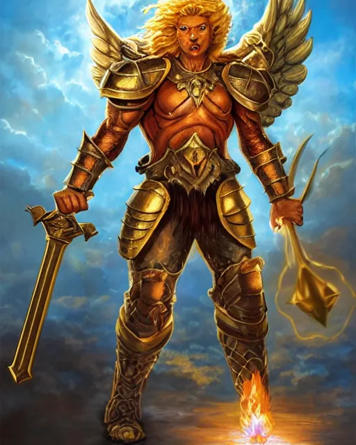 Prompt: mtg character portrait of a brawny male leonin knight african lion angel of justice, with fiery golden wings! of flame wearing shining plate armor, wielding flaming sword! and holding large glowing shield! by peter mohrbacher, greg rutkowski, larry elmore, george pemba, ernie barnes, raymond swanland, magali villeneuve, trending on artstation