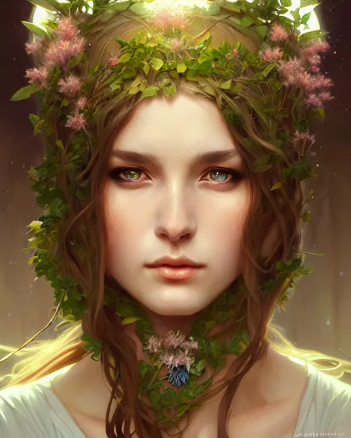 Image similar to beautiful female druid, portrait, fantasy, young, perfect eyes, detailed, sketch, intricate, leaves and simple cloth, dynamic lighting, digital art, digital painting, artstation, wlop, sharp focus, illustration, art by artgerm and greg rutkowski and alphonse mucha, 8 k