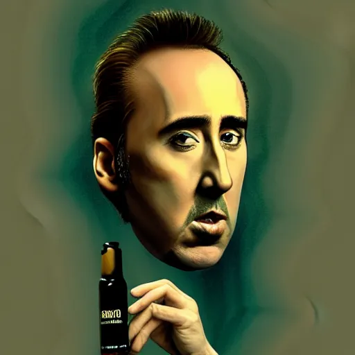 Image similar to Drinking from bottle liquid with face Nicolas Cage, Surrealism, Surreal drawing, Digital art, from artstation, art by Salvador Dali