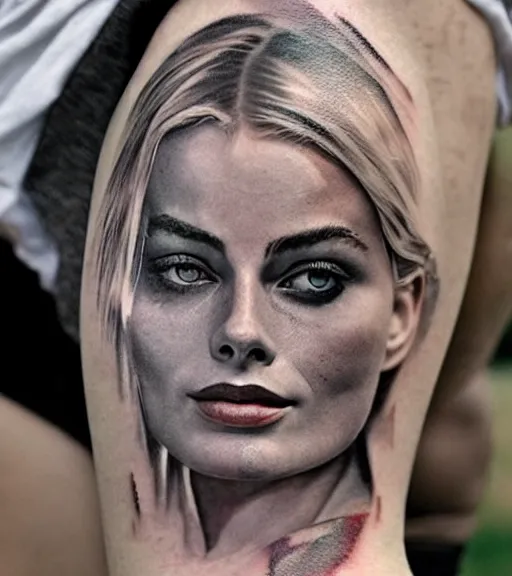 Image similar to tattoo sketch of margot robbie mash up in amazing mountain scenery and nature, double exposure effect, in the style of arlo dicristina, hyper realism, amazing detail, sharp