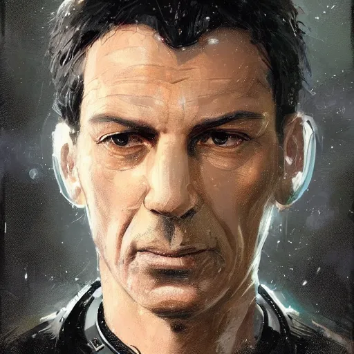 Image similar to Portrait of a man by Greg Rutkowski, he is about 50 years old, his features are a mixture between polish and persian, messy black short hair, tall and slim, tired expression, respectable authority figure, he is wearing a futuristic space gear, highly detailed portrait, scifi, digital painting, artstation, concept art, smooth, sharp foccus ilustration, Artstation HQ.