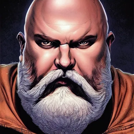 Image similar to chonky ethan van sciver with a bald head and grey trimmed beard with a pointy nose as a sea captain, beautiful artwork by artgerm and rutkowski, breathtaking, beautifully lit, dramatic, full view