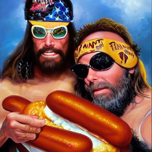 Image similar to portrait of wwf macho man randy savage and wcw sting sharing hotdogs, an oil painting by ross tran and thomas kincade