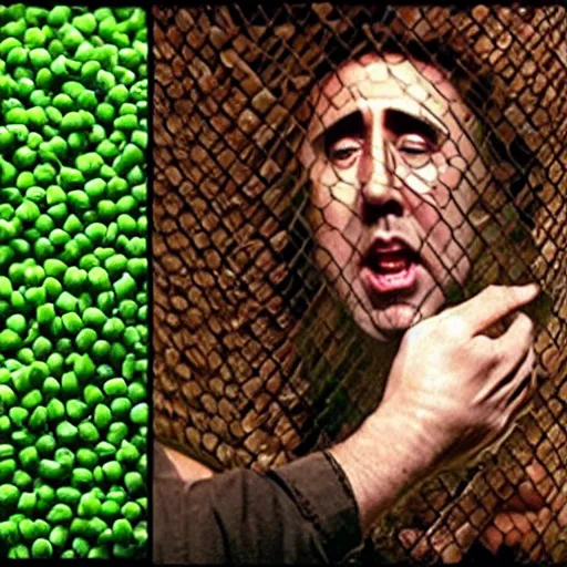 Prompt: nicolas cage trapped in a wicker cage with peas on his face, looking up, not the bees