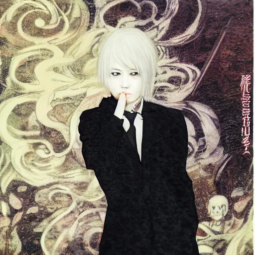 Image similar to yoshitaka amano blurred and dreamy realistic portrait of a woman with black eyes and white hair wearing dress suit with tie, junji ito abstract patterns in the background, satoshi kon anime, noisy film grain effect, highly detailed, renaissance oil painting, weird portrait angle, blurred lost edges, three quarter view