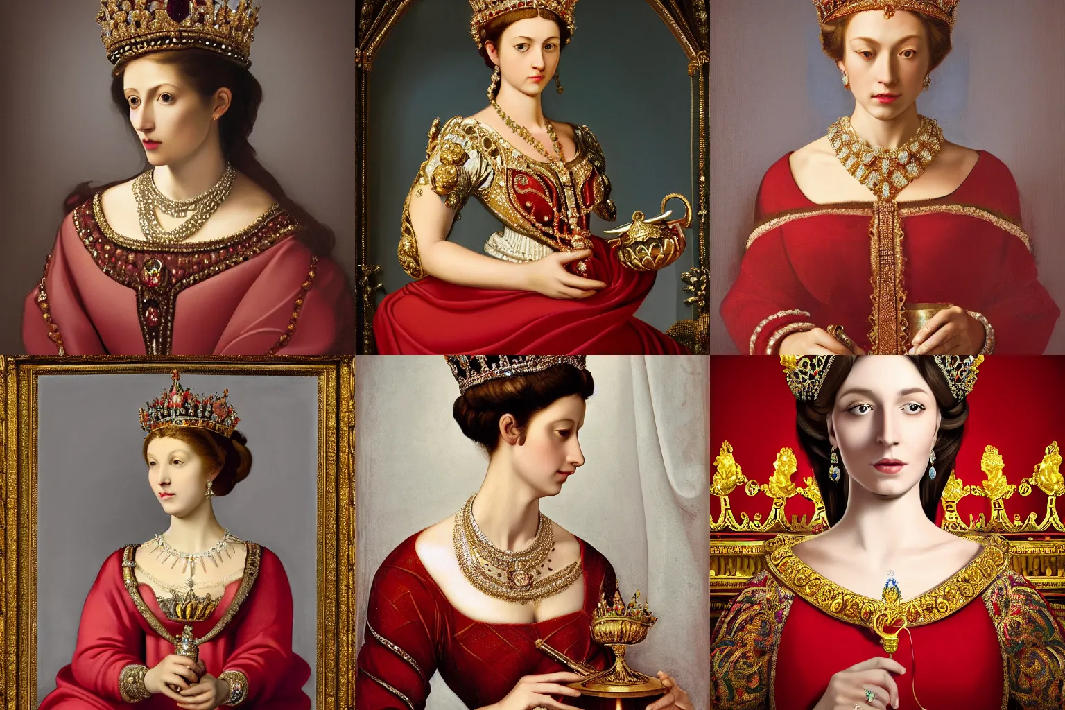 Prompt: A extremely highly detailed majestic hi-res beautiful head and shoulders painting of a beautiful woman wearing a long royal red silk dress, the crown jewels is on her head and she is holding a golden goblet and around her neck is a ornate golden necklace decorated with diamonds and rupees by Michelangelo Merisi da Caravaggio, high detail, hyperrealistic, photorealistic, octante render, cinematic, high textures, royaltly, royal, hyper sharp, 4k insanely detailed and intricate, hypermaximalist, 8k, hyper realistic, super detailed, 4k HDR hyper realistic high,