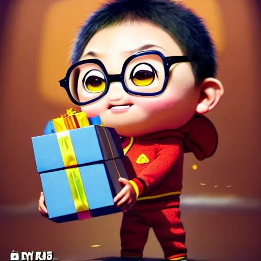 Prompt: an epic chibi comic book style portrait painting of a ryan kanji opening presents, character design by mark ryden and pixar and hayao miyazaki, unreal 5, daz, hyperrealistic, octane render, cosplay, dynamic lighting, intricate detail, cinematic