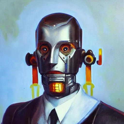 Prompt: alexander blok portrait, oil painting of alexander blok became a robot, trending on artstation, unreal engine, fantasy art