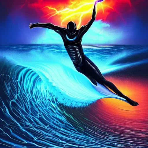 Prompt: a wide angle dynamic action photo of the silhouette of a cybernetic black man with dreadlocks surfing an opal barrel wave, neon lightning storm, by clark little and rhads in a surreal style, concept art by artgerm, ( wave porn ), highly detailed, infinite intricacy fractal, retrowave sunset, bokeh!