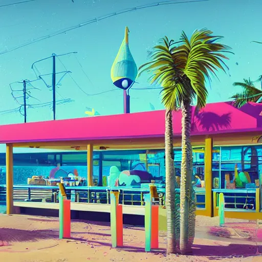 Prompt: inside psychedelic beachfront fast food restaurant with palm trees by simon stalenhag