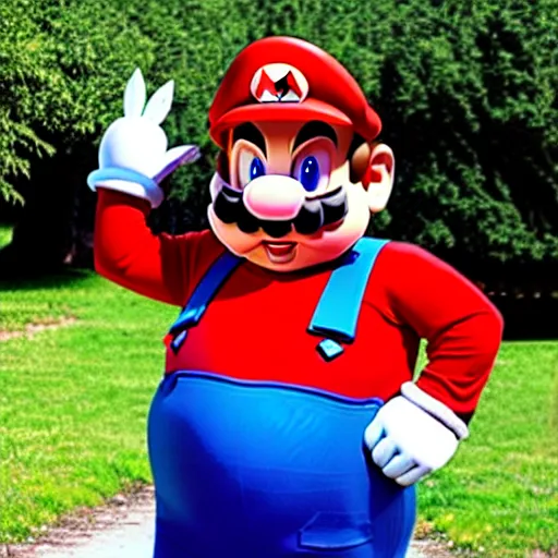 Image similar to real life big chungus dressed like mario, super mario with bunny ears, big chungus, fat bugs bunny, high resolution photo