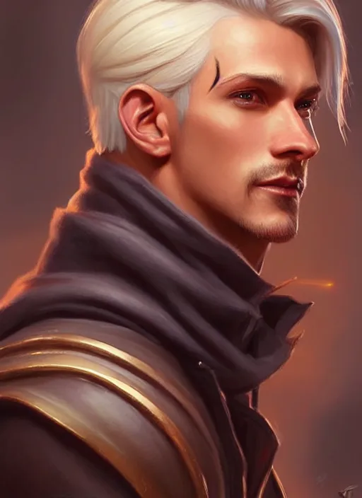 Prompt: a _ fantasy _ style _ portrait _ painting _ of wizard male, medium dark blonde pulled back side part and blonde stubble, rpg dnd oil _ painting _ unreal _ 5 _ daz. _ rpg _ portrait _ extremely _ detailed _ artgerm _ greg _ rutkowski _ greg