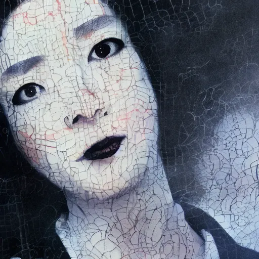 Image similar to yoshitaka amano blurred and dreamy realistic three quarter angle portrait of a young woman with black lipstick and black eyes wearing blazer and shirt with tie, junji ito abstract patterns in the background, satoshi kon anime, noisy film grain effect, highly detailed, renaissance oil painting, weird portrait angle, blurred lost edges