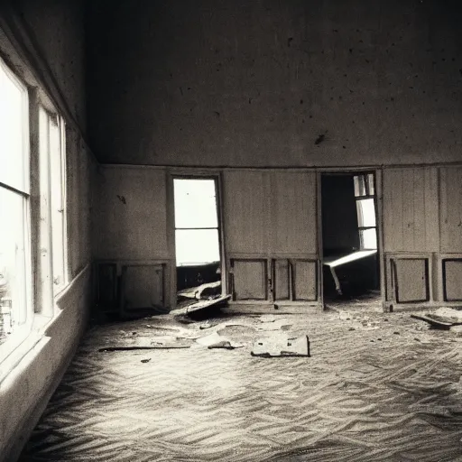 Prompt: a room that is brightly lit, but all the furniture is overturned and the windows are boarded up.