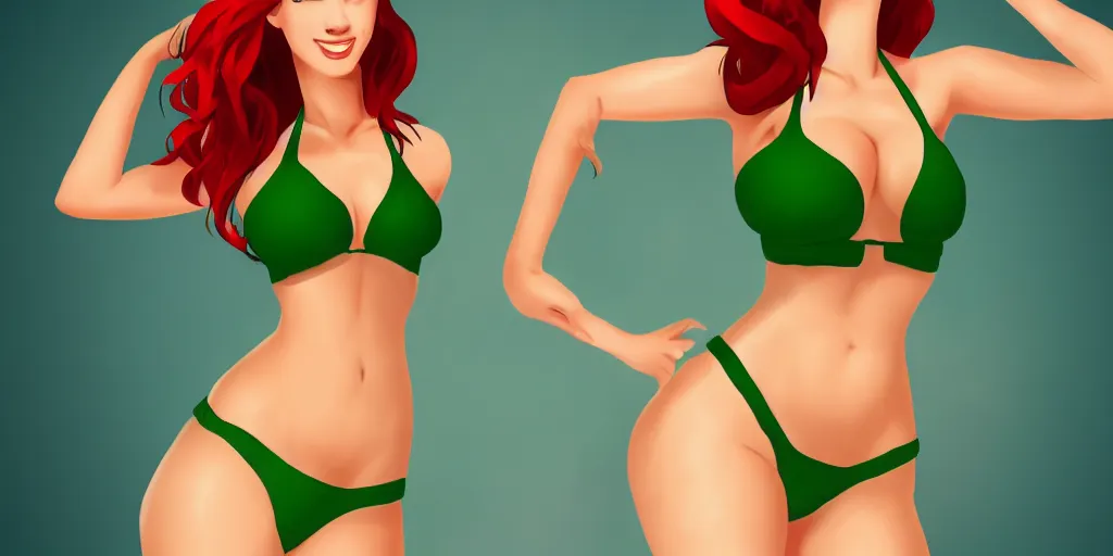 Image similar to very beautiful girl, with red hair, in the style 2d, in a green bikini, hair in a bun