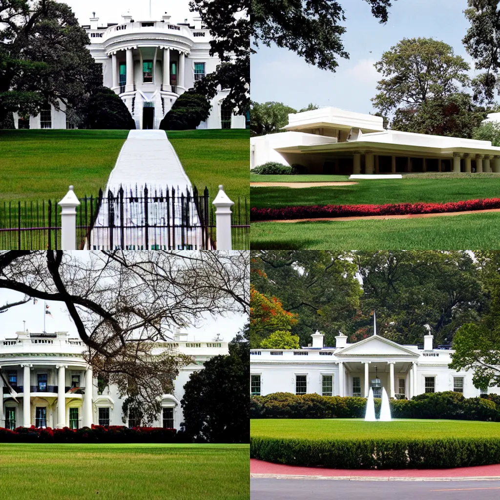 Prompt: A front view of The White House as designed by Frank Lloyd Wright.