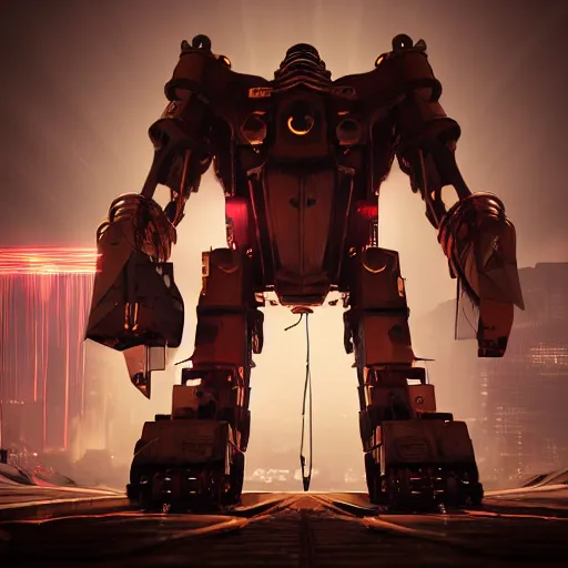 Image similar to big mech summoning lightning with its electricity coil arm, 3 d render, unity, steampunk, cyberpunk, plain background, extremely detailed, intense, epic, cinematic lighting, copper, pipes, metal, rusty, glowing electric, reflective, hdr,