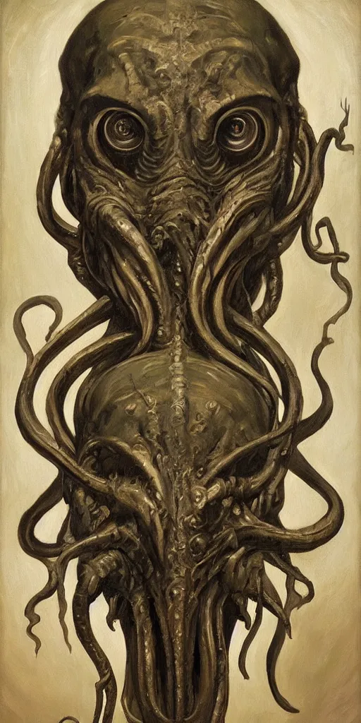 Image similar to a stunning and noble highly detailed portrait of cthulhu by h. r giger and edward hopper, trending on artstation, oil painting masterpiece, symmetry, mysterious, very very very aesthetic