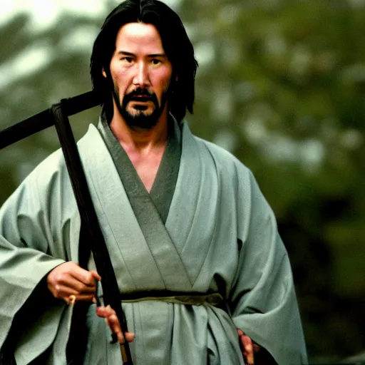 Image similar to cinematic film still of Keanu Reeves starring in a Steven Spielberg film as A Japanese Samurai at a temple, 1999, shallow depth of field, photograph, natural lighting