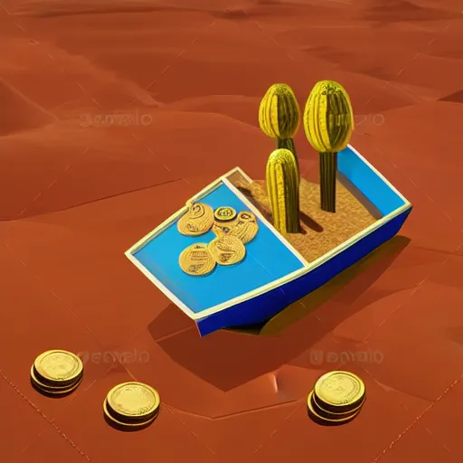 Image similar to boat in the dessert filled with coin and jewl collectables, game concept, low poly, horizontal view