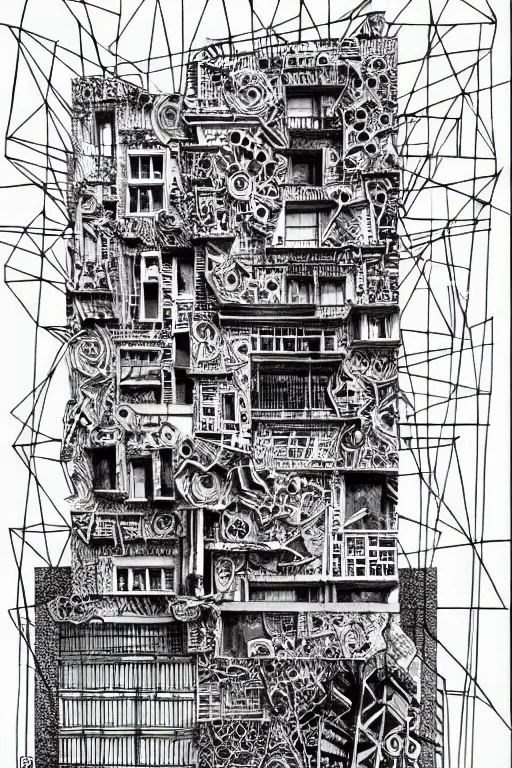 Image similar to a black and white drawing of a building, a detailed mixed media collage by hiroki tsukuda and eduardo paolozzi, intricate linework, sketchbook drawing, street art, polycount, deconstructivism, matte drawing, academic art, constructivism