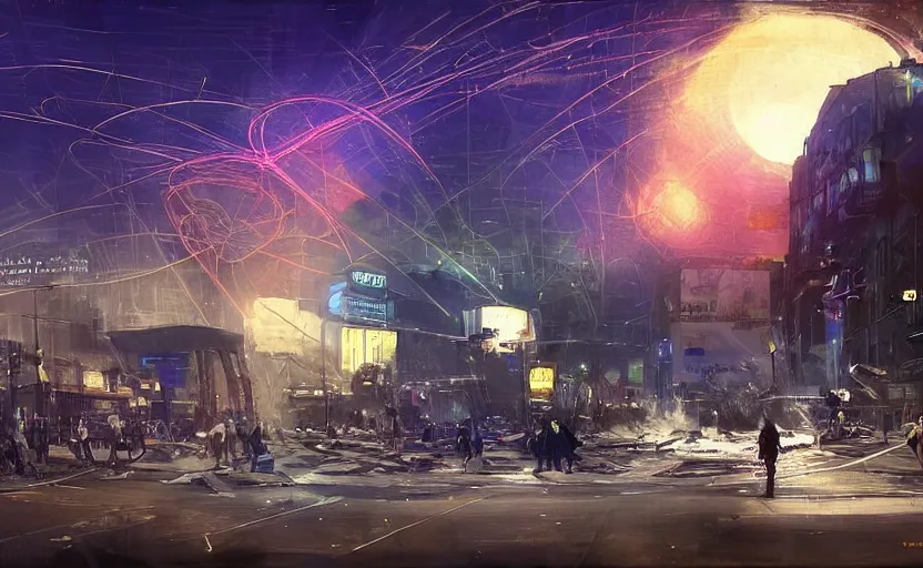 Image similar to people with posters attacking cops, a huge blue spiral - shaped white luminous attractor is floating on the horizon near the sun, stores in los angeles with light screens all over the street, concept art, art for the game, professional lighting, dark night lighting from streetlights, by ilya repin