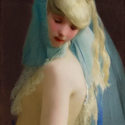 Prompt: a young woman’s face, her hair is white, she wears a long flowing blue satin veil, by ivan aivazovsky and and pieter claesz and paul delaroche and alma tadema and and willen claesz heda and aelbert cuyp and gerard ter borch, hyperrealistic, rendered in octane