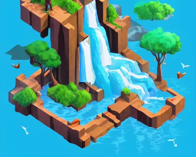 Image similar to isometric game art of a very beautiful turquoise blue waterfall, game design concept, trending on artstation, cgsociety