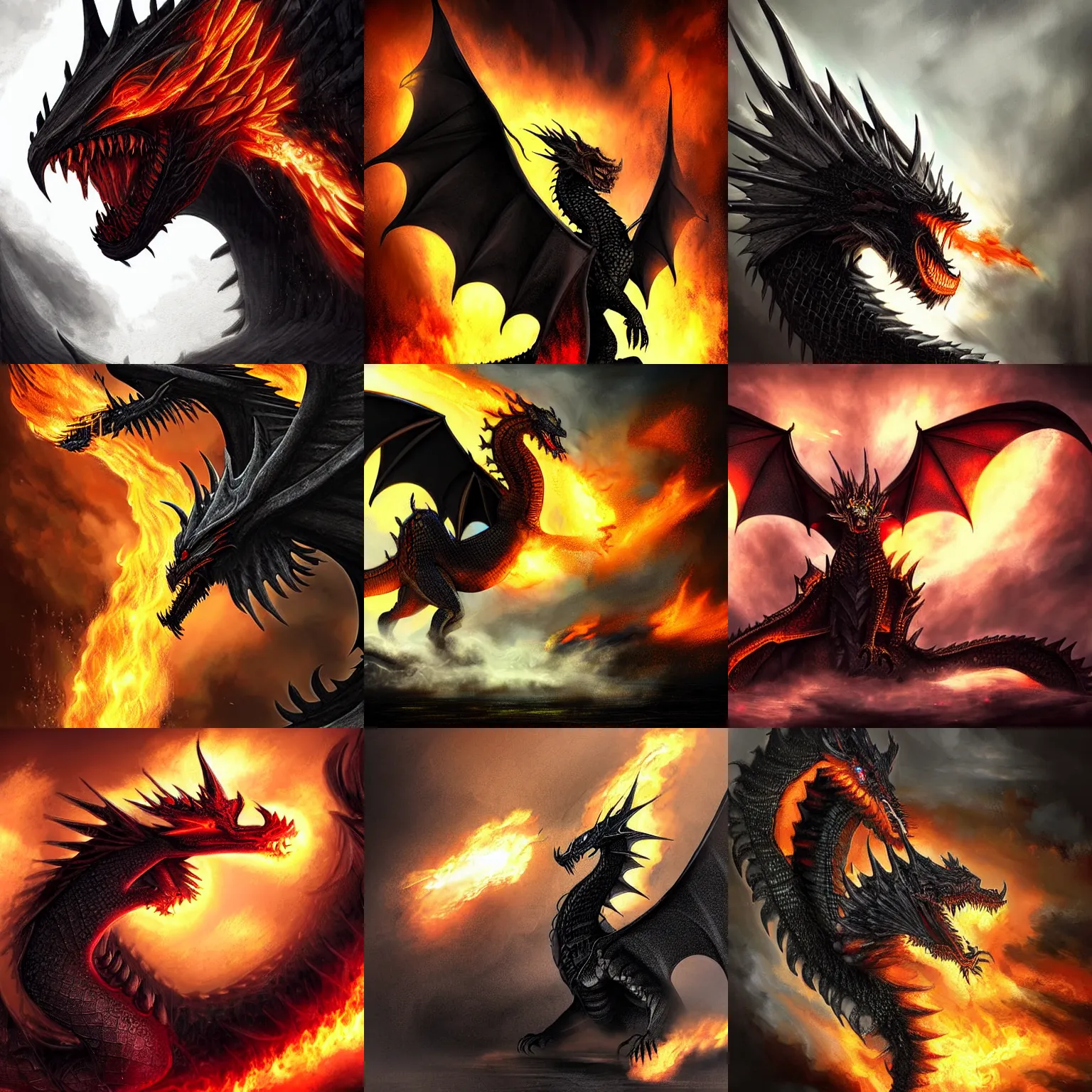 Prompt: black dragon breathing fire, outstanding, epic, amazing, digital art, fantasy art