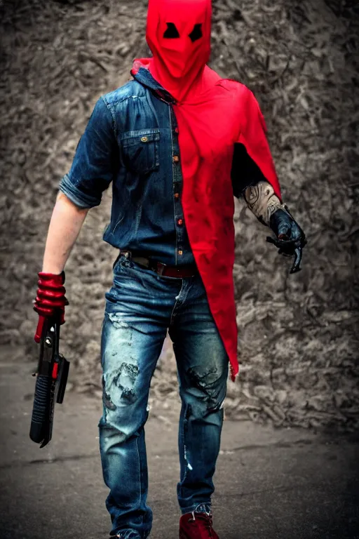 Image similar to red hood cosplay, creepy, disturbing, bloody, darkness, grainy, urban, jeans