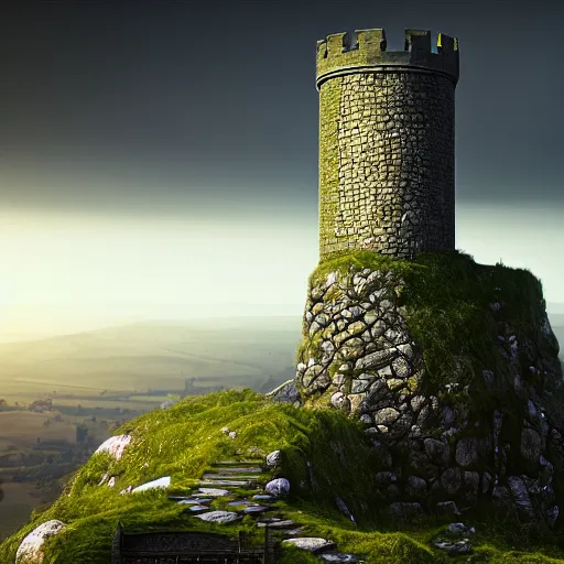 Prompt: a king ruling over a tower of a castle on some hills in england, cinematic, cgsociety, hyper detailed, octane render, unreal engine, foggy, middle of the day, photorealistic