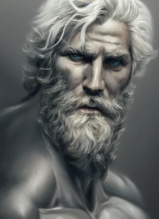 Image similar to painted portrait of rugged zeus, god of thunder, greek god, white hair, masculine, mature, handsome, upper body, muscular, hairy torso, fantasy, intricate, elegant, highly detailed, digital painting, artstation, concept art, smooth, sharp focus, illustration, art by gaston bussiere and craig mullins