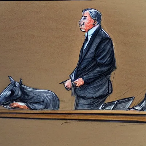 Prompt: A man is sweating profusely in court, because he is lawyer is a tapir. Courtroom sketch.