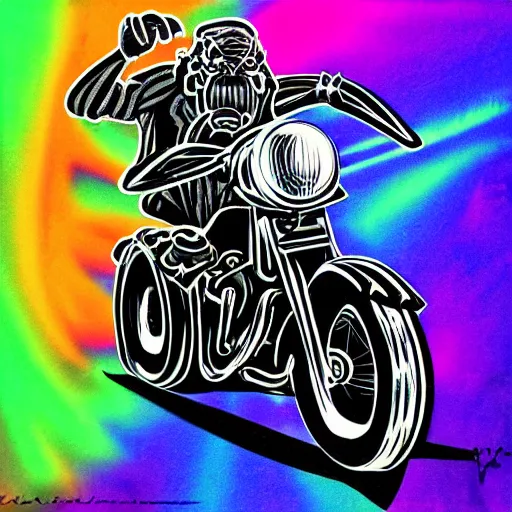 Image similar to psychedelic blacklight airbrush artwork of a stylized orc on a motorcycle, black background