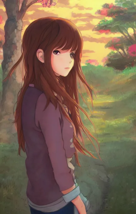 Image similar to a colorful scene of a girl with brown hair, anime, detailed background, female, trending on artstation, by studio ghibli, jazza